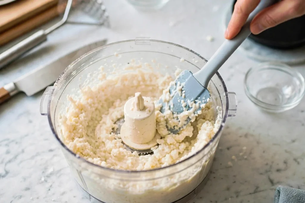 Scraping down food processor sides with a spatula