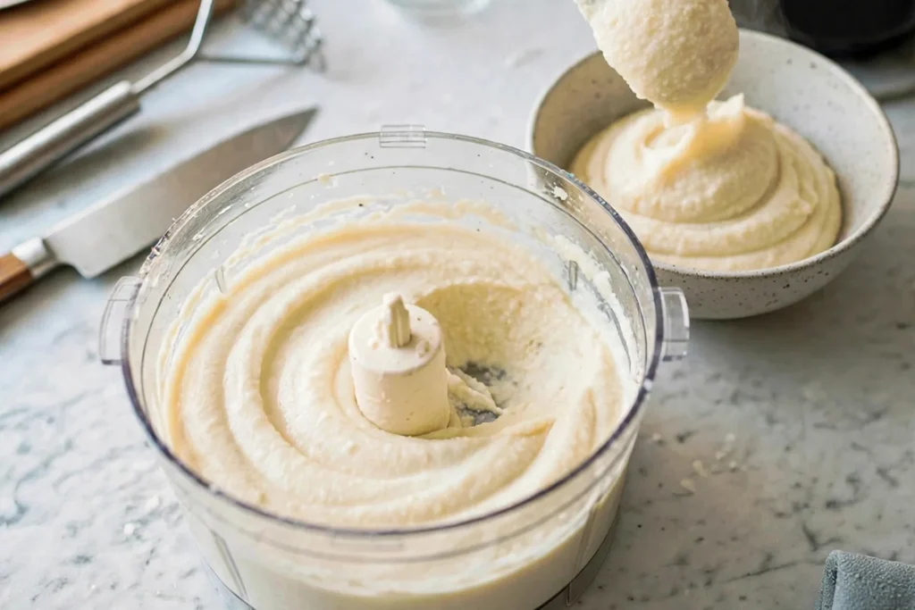 Scooping silky mash into a stoneware bowl