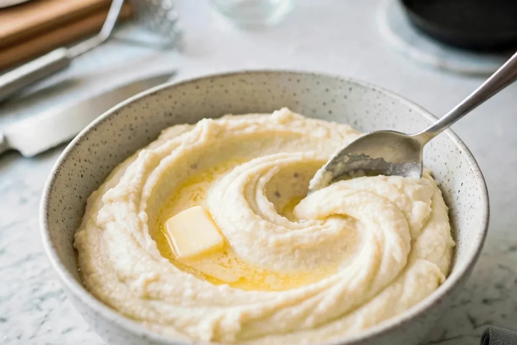 Spoon swoosh in creamy mashed cauliflower