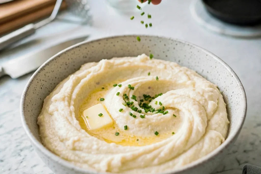 Sprinkling chives over mashed cauliflower with melting butter