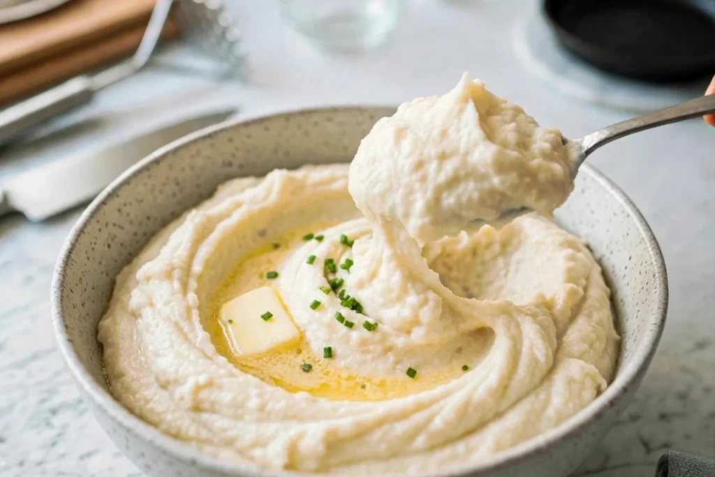 Finished creamy mashed cauliflower with chives and butter