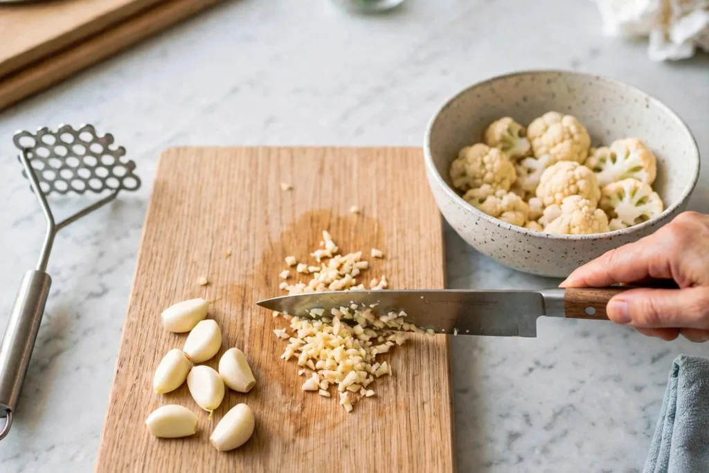 Mincing garlic cloves on a wooden board