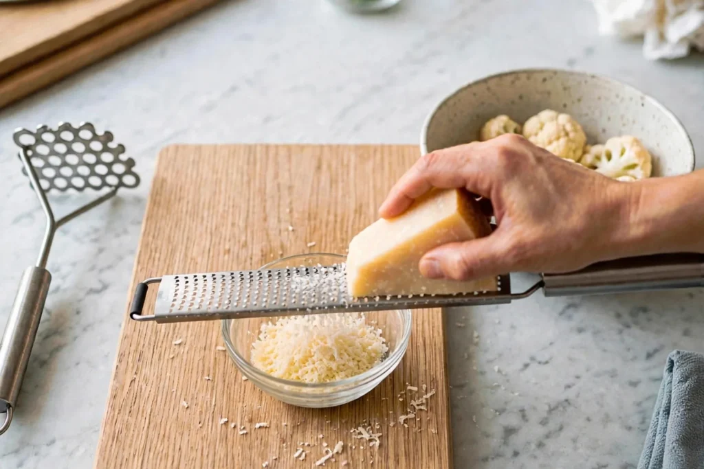 Grating Parmesan cheese into a small glass bowl