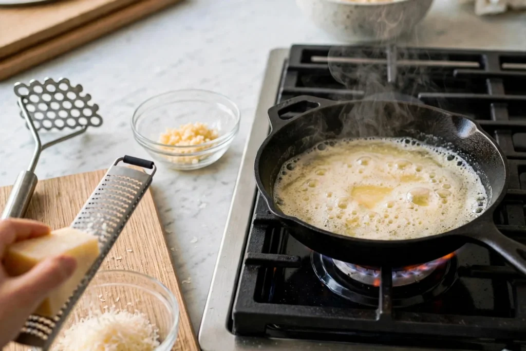 Butter melting and foaming in a small skillet