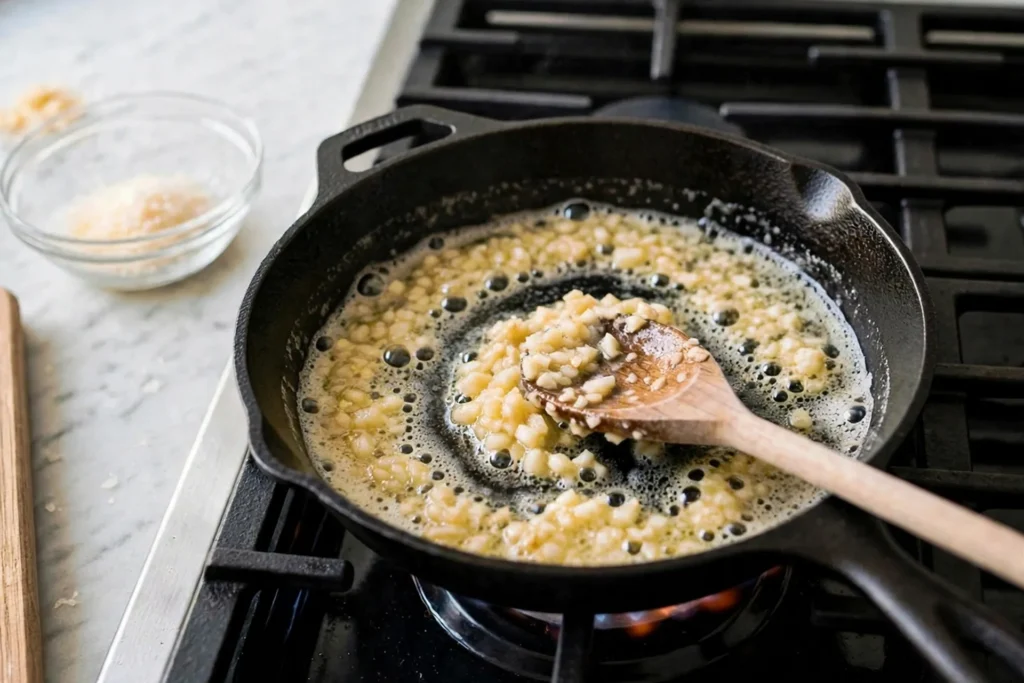Cooking minced garlic gently in butter
