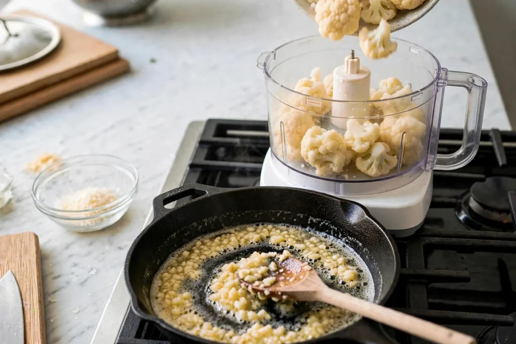 Tipping cauliflower into a food processor for garlic mash
