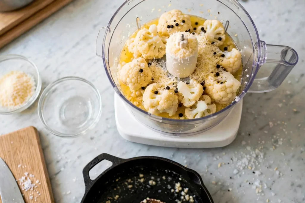 Pouring garlic butter and Parmesan over cauliflower