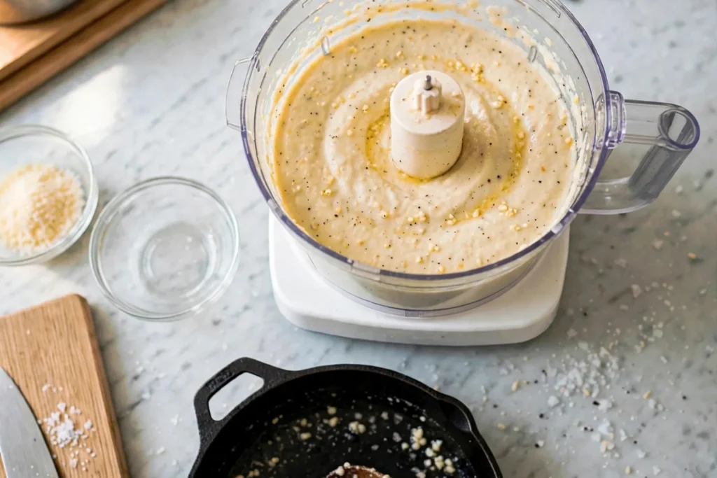 Smooth garlic mashed cauliflower in a food processor