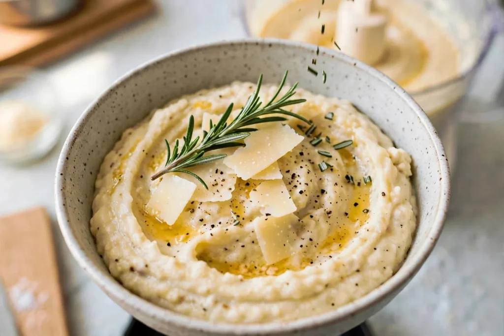 Garnishing garlic mash with Parmesan and rosemary