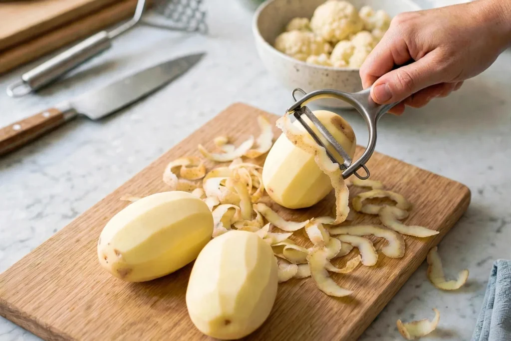 Peeling Yukon gold potatoes with a peeler
