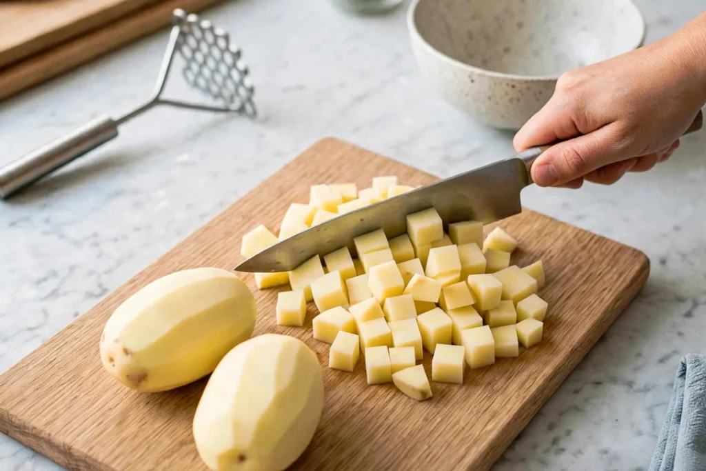Cutting peeled potatoes into even cubes