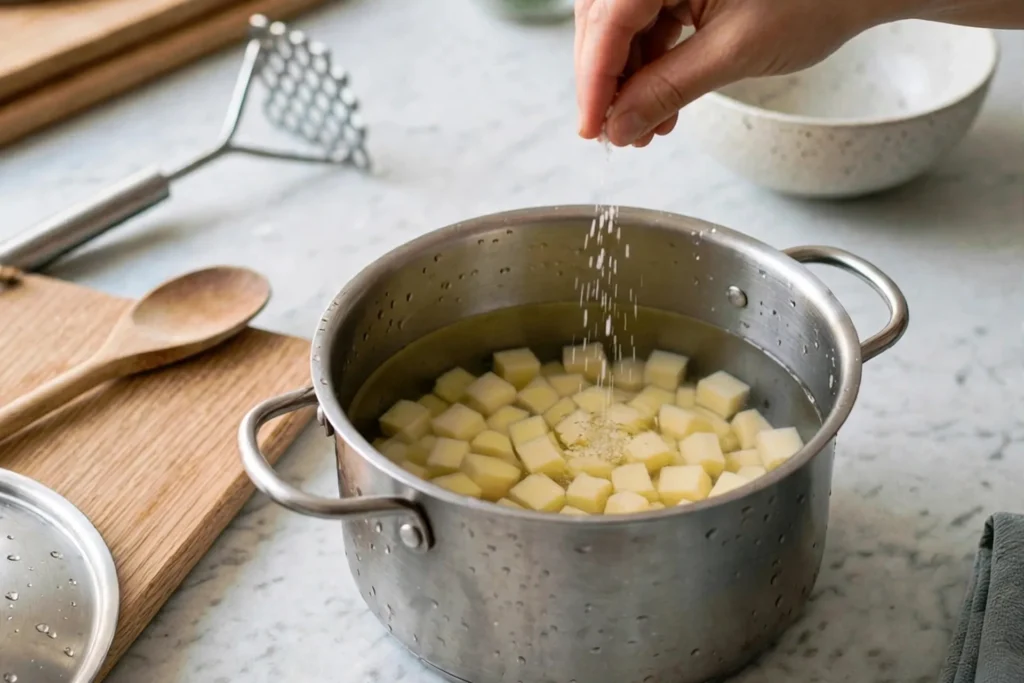 Potato cubes covered in cold salted water