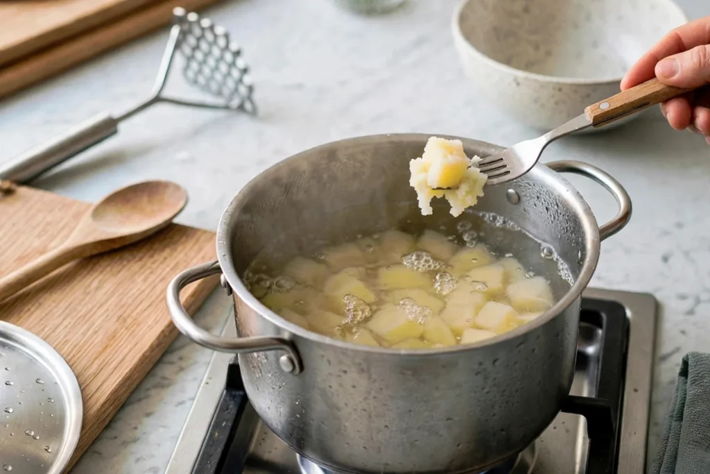 Fork piercing a tender potato cube in boiling water