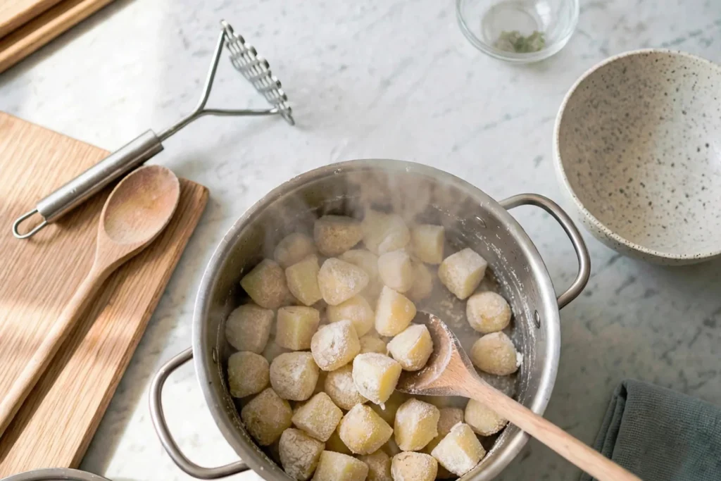 Drained potatoes steaming dry in a warm pot