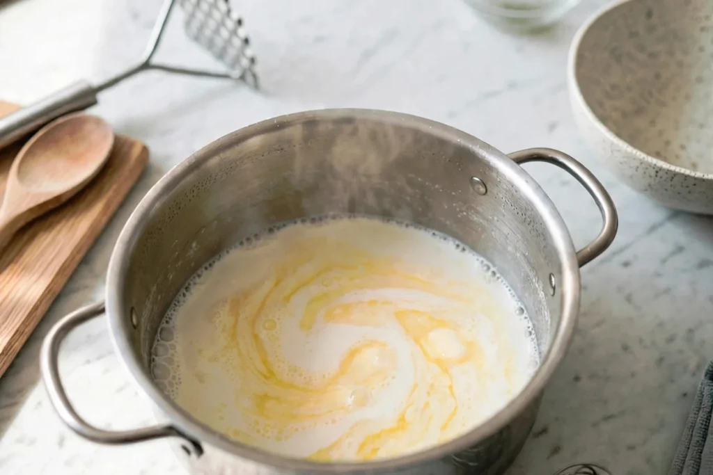 Warming milk and butter in a small saucepan