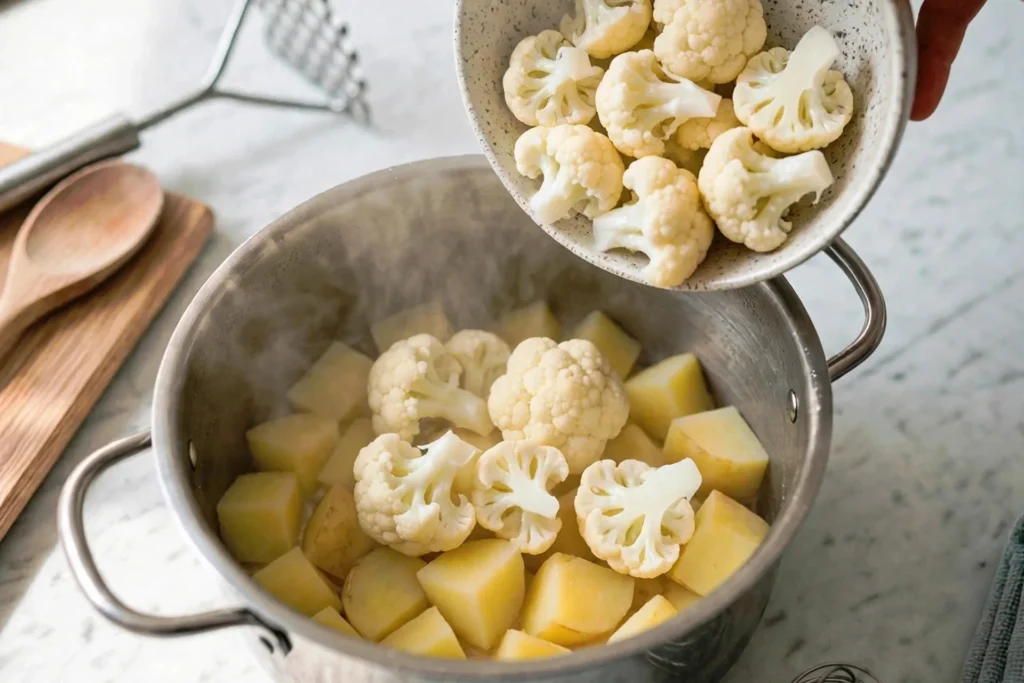 Adding cooked cauliflower to steamed potatoes in a pot