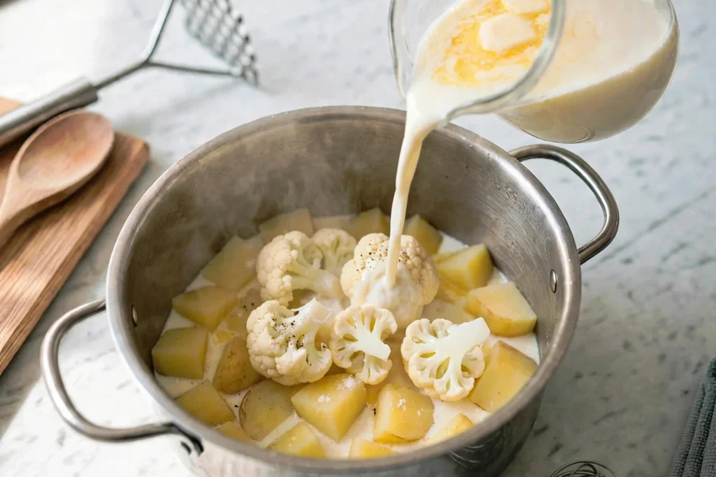 Pouring warm milk and butter over potatoes and cauliflower