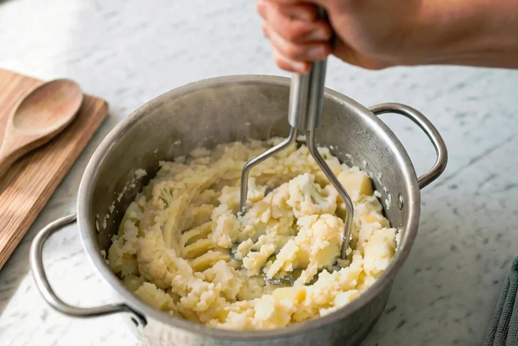 Mashing potatoes and cauliflower by hand