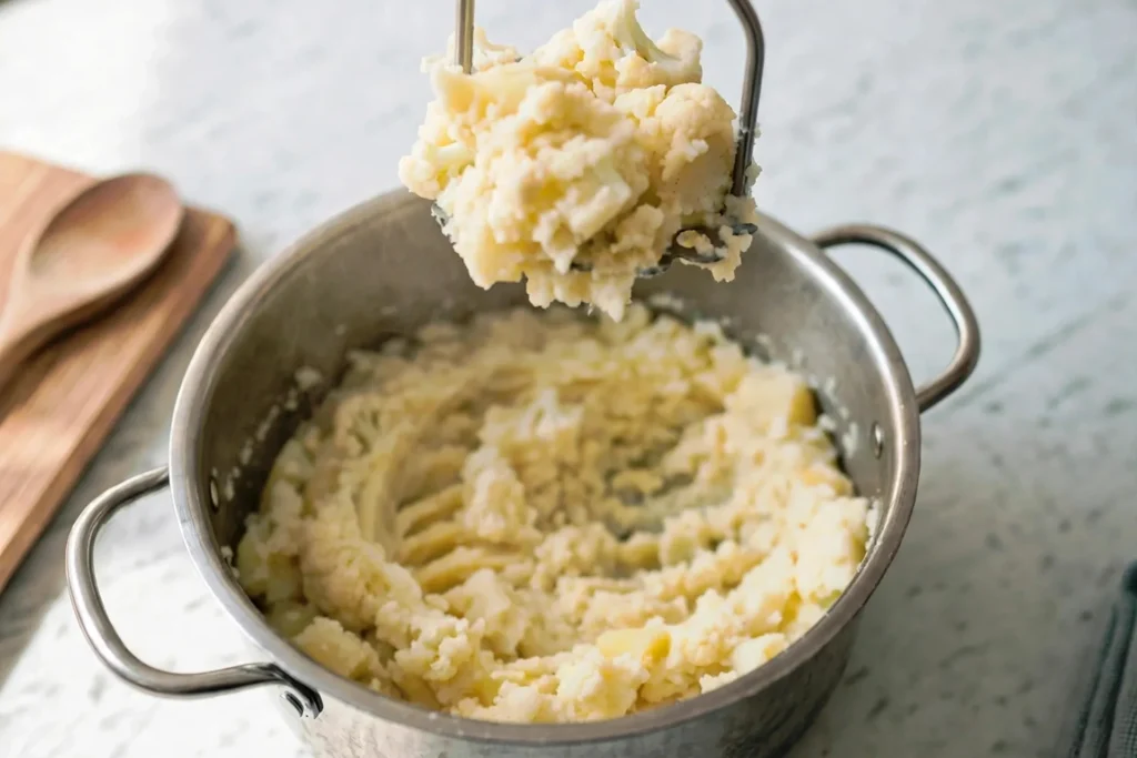 Fluffy rustic cauliflower mashed potatoes in a pot