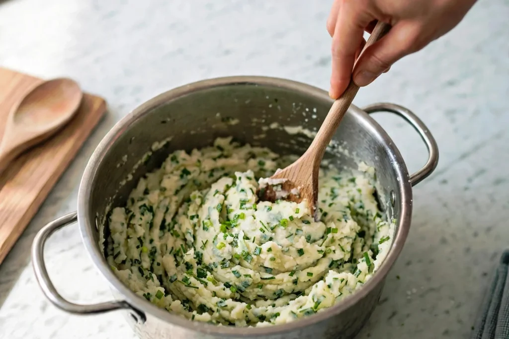 Folding chopped chives into the mash