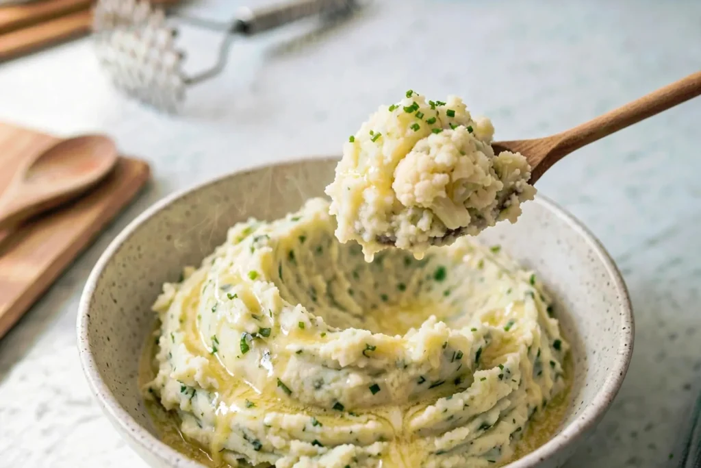 Finished cauliflower mashed potatoes with chives