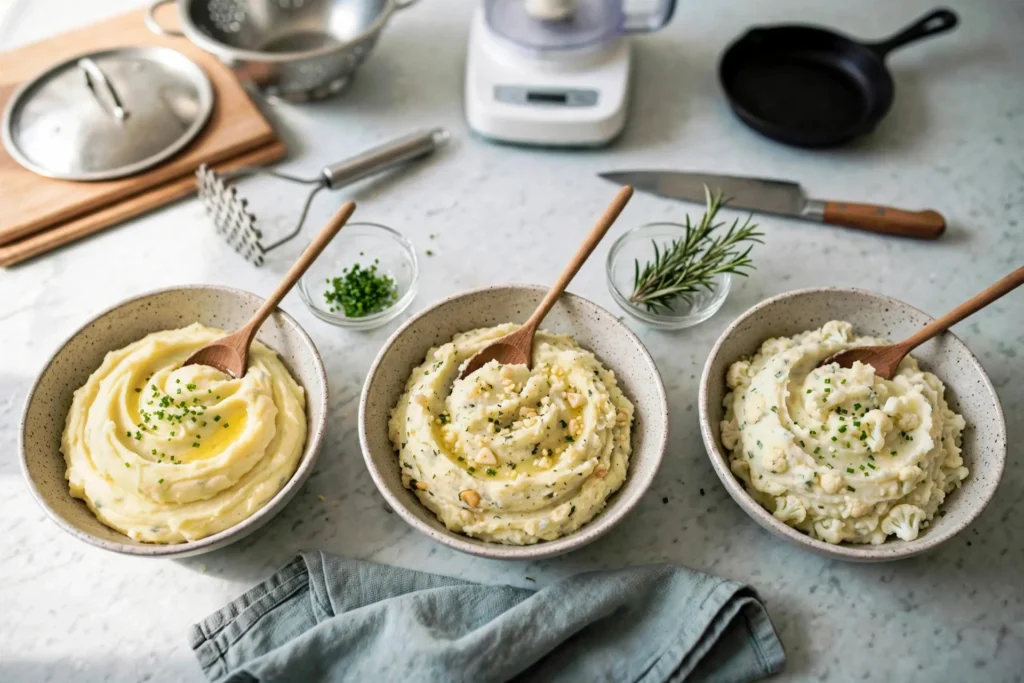 All three mashed cauliflower bowls on a marble counter