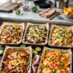 Five sheet pans of nachos - classic, beef, chicken, vegetarian and queso - arranged on a wooden table