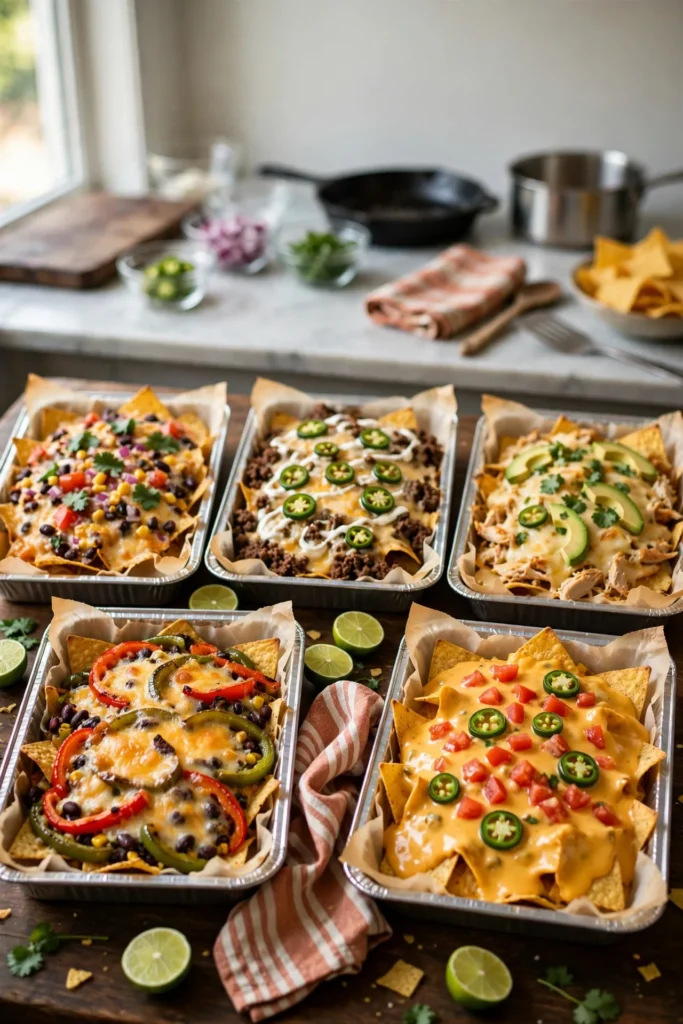 Five sheet pans of nachos - classic, beef, chicken, vegetarian and queso - arranged on a wooden table