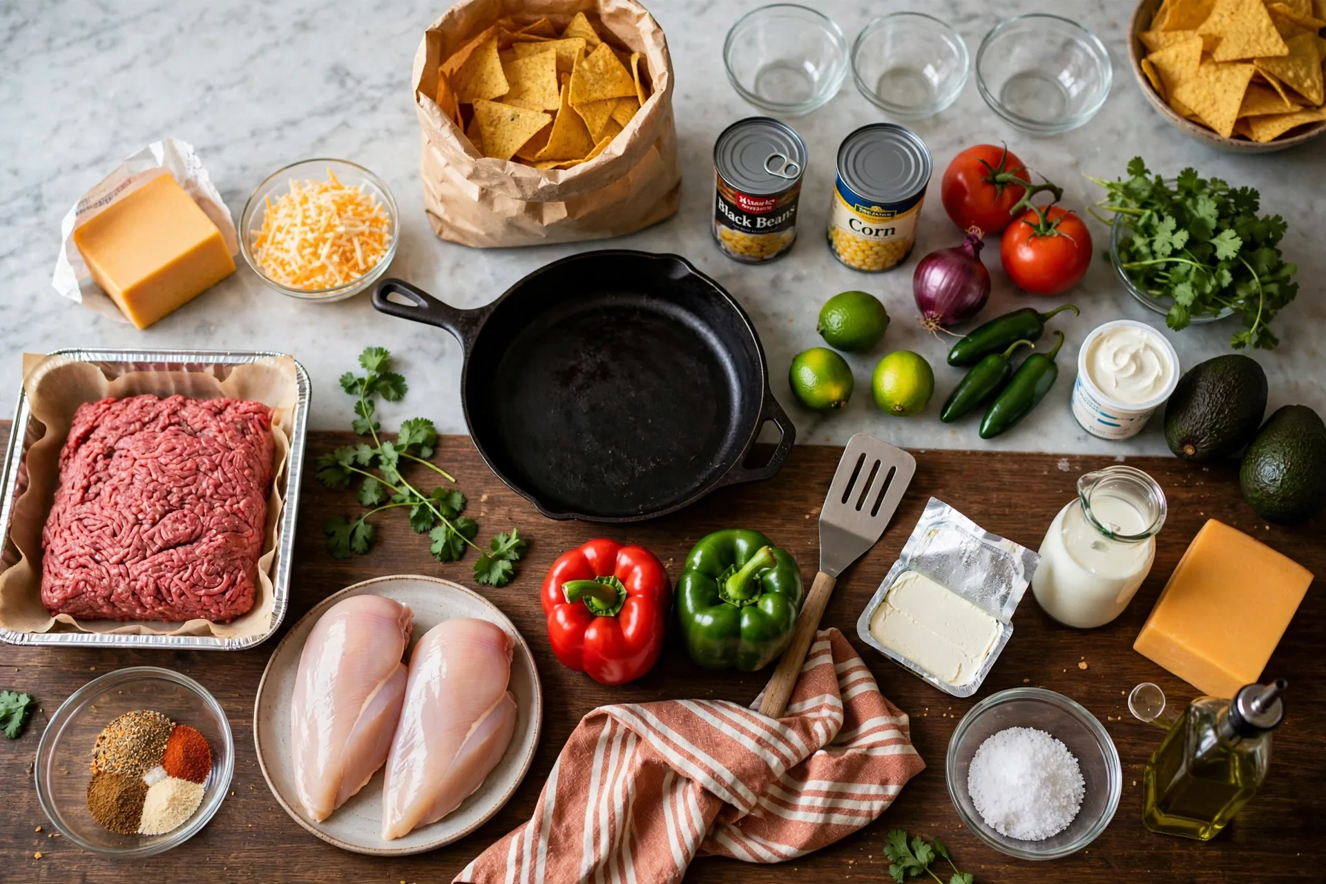 All nacho ingredients grouped by recipe on the counter