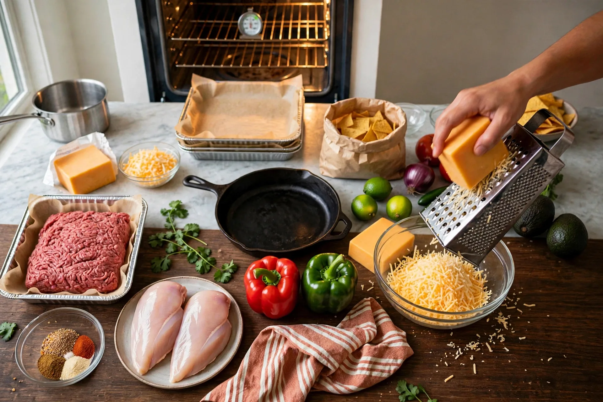 Hand grating a block of cheddar into a bowl