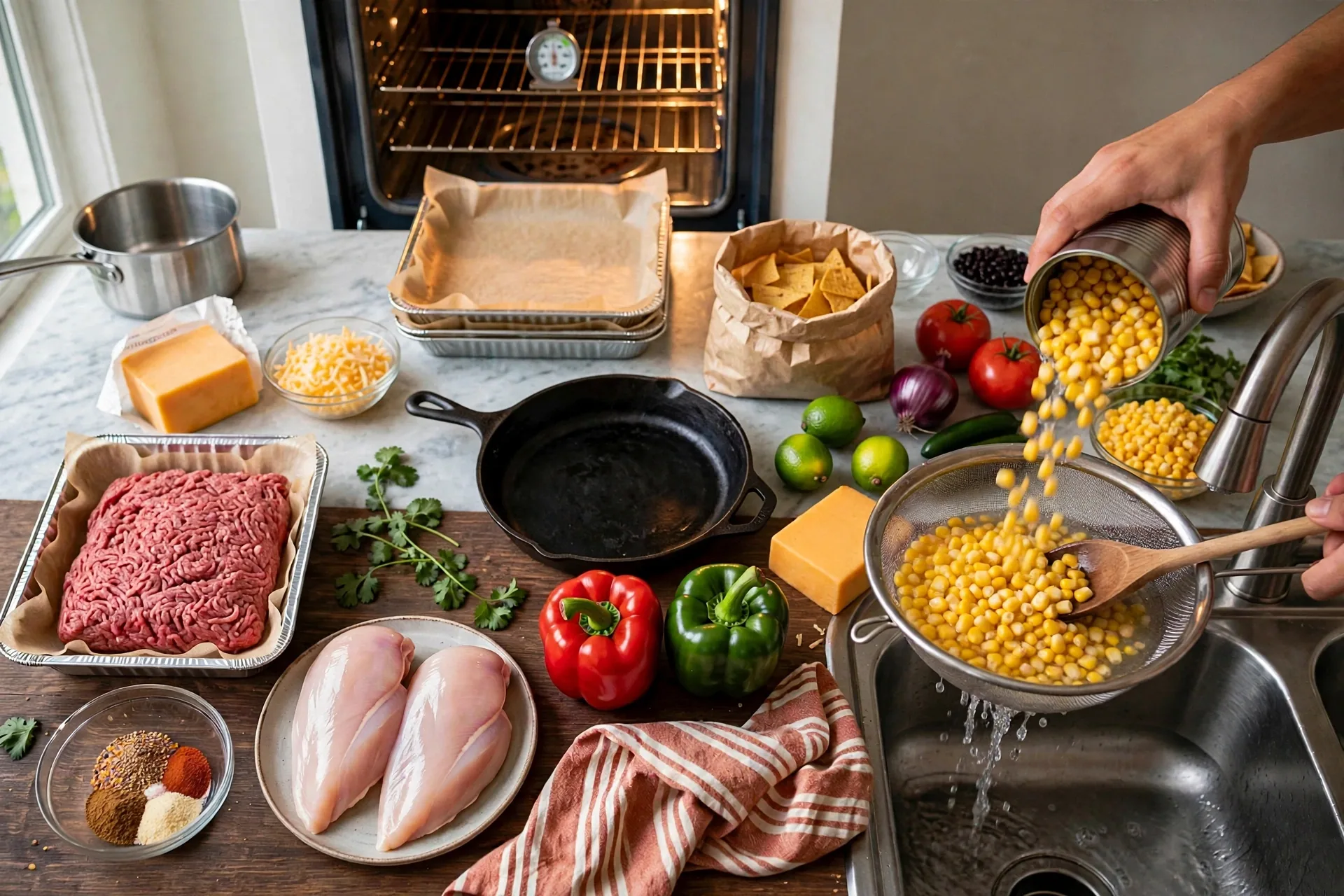 Corn draining in a sieve with bright yellow kernels