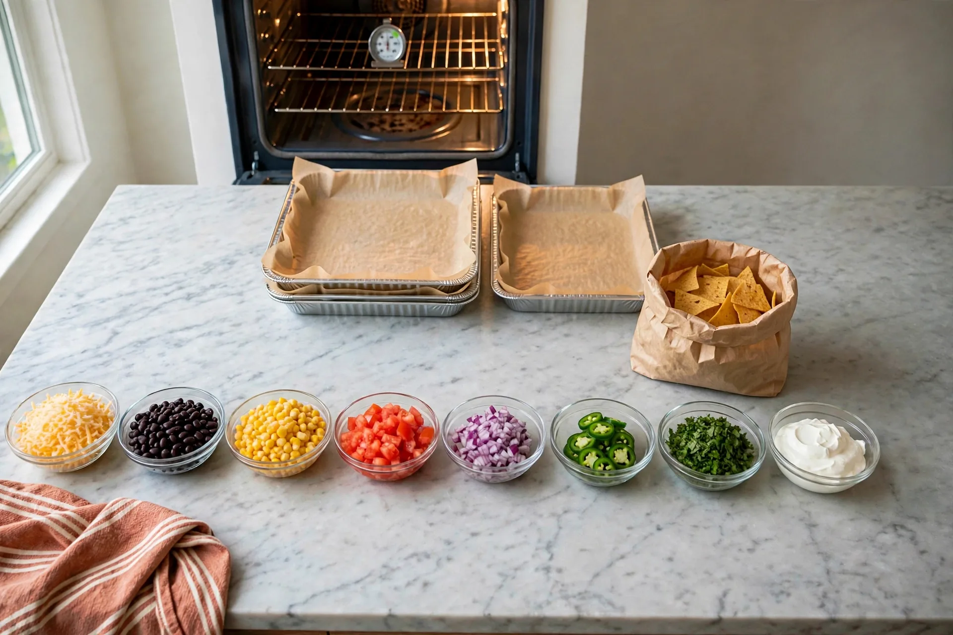 Prep station with bowls of cheese, beans, corn, tomato, onion, jalapeño and cilantro