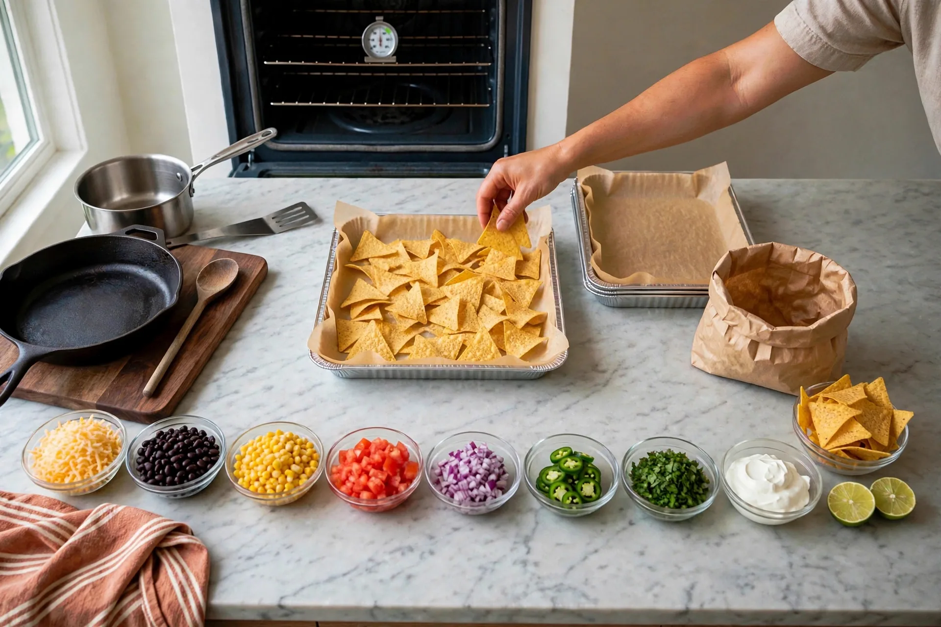 Tortilla chips spread in a single layer on a parchment-lined pan
