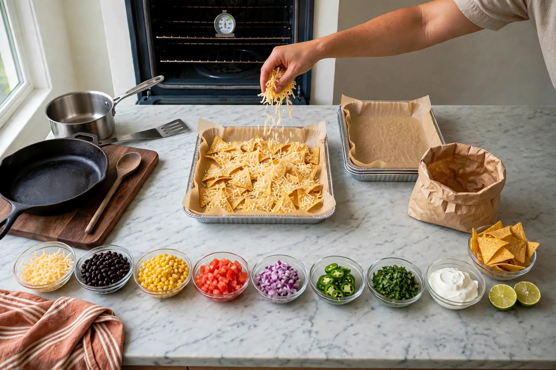 Shredded cheese being sprinkled over tortilla chips