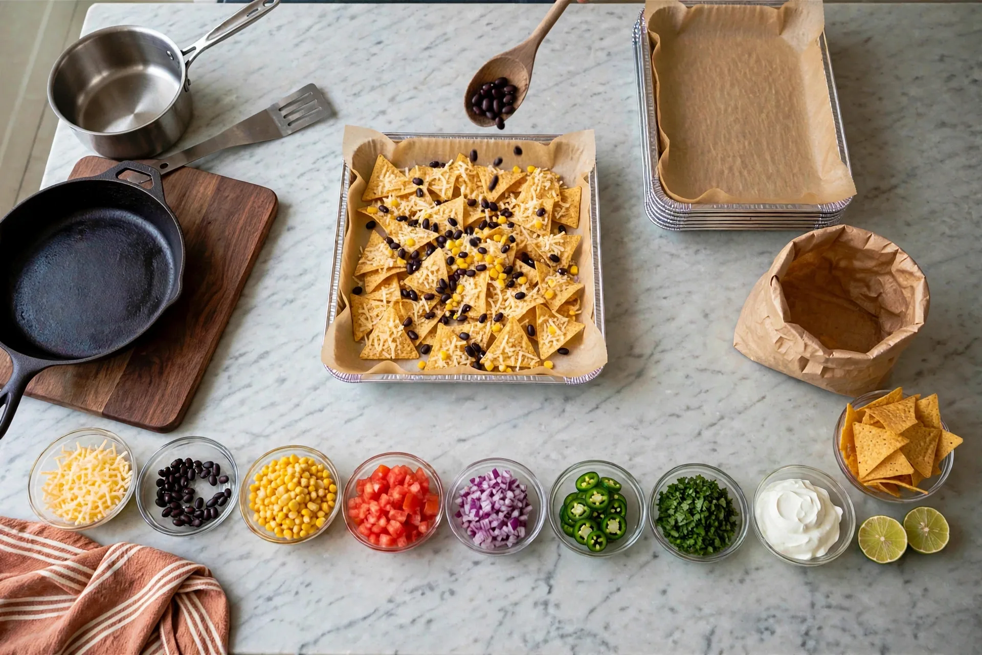Black beans and corn scattered over cheese-covered chips