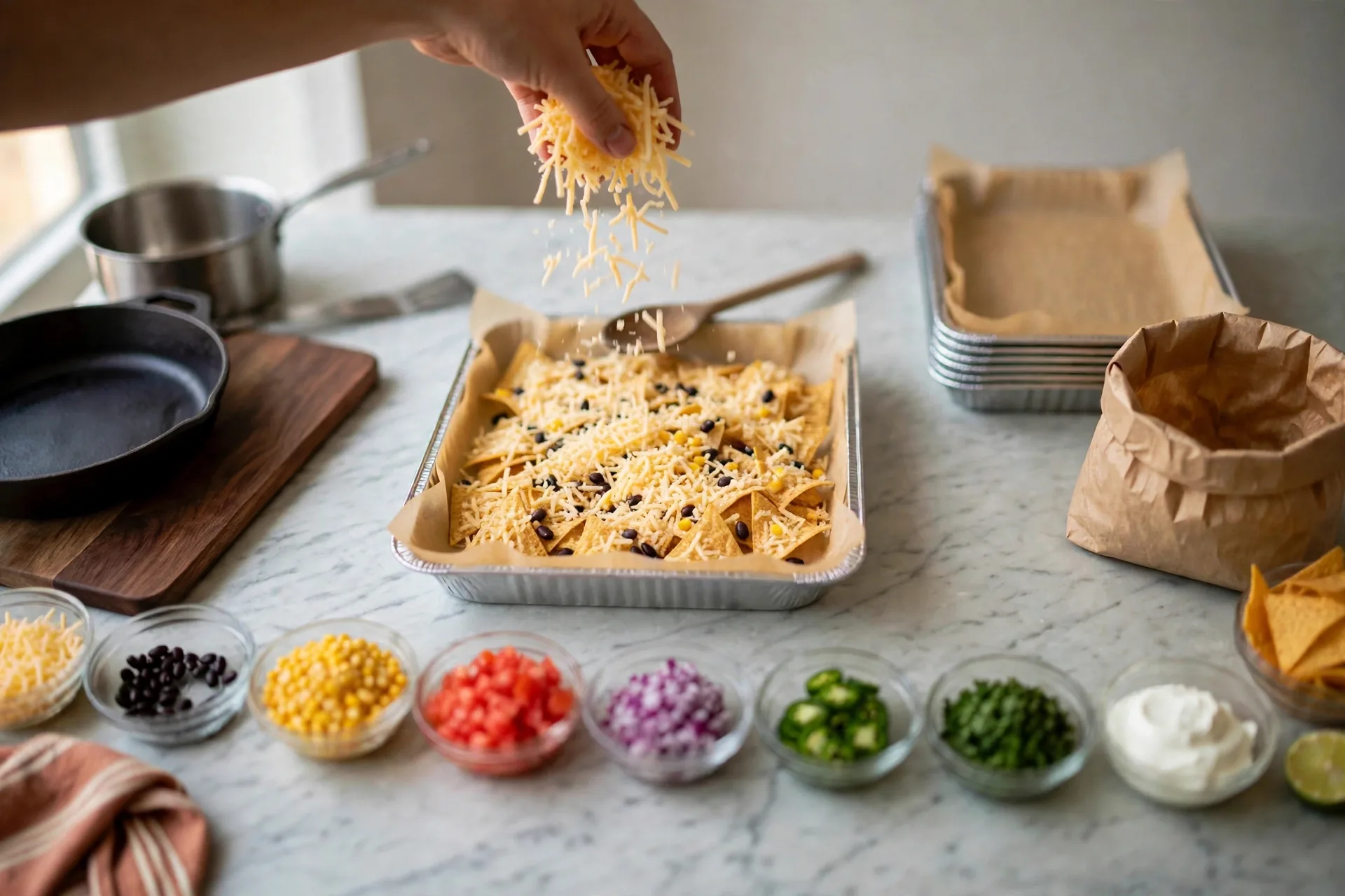 Remaining shredded cheese sprinkled over beans and corn
