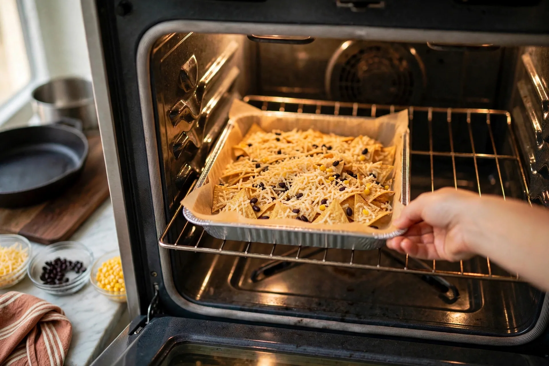Loaded sheet pan being slid onto the oven rack