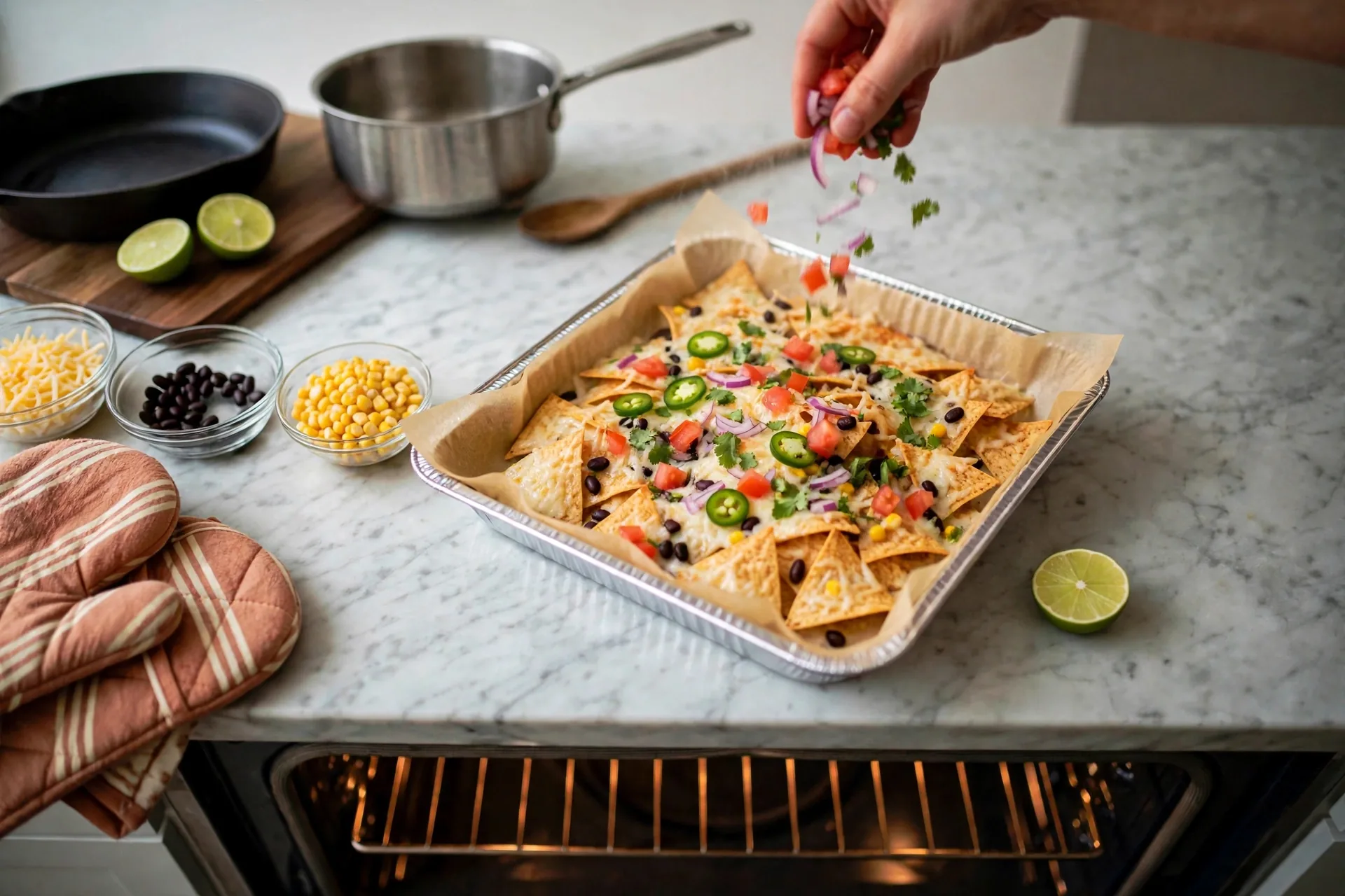 Tomato, onion, jalapeño and cilantro scattered over hot nachos