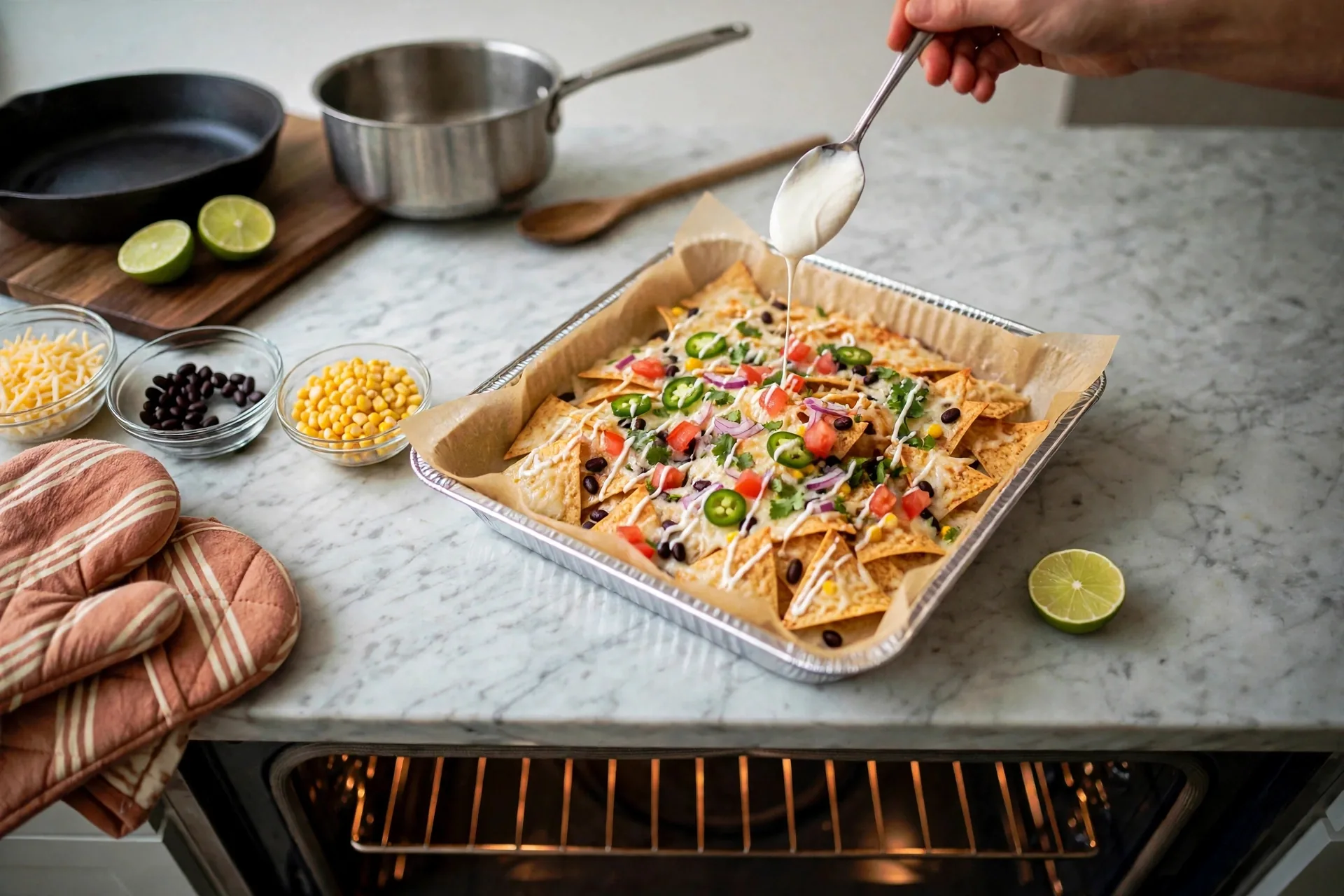 Sour cream drizzled in zigzag lines over loaded nachos
