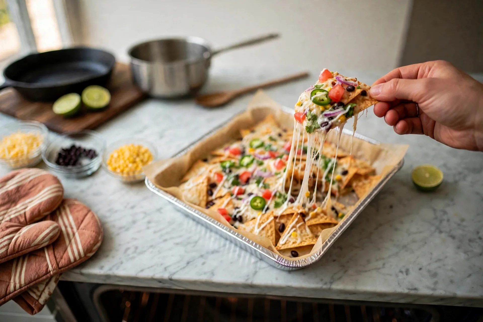 Hand pulling a loaded chip with stretching cheese from the pan