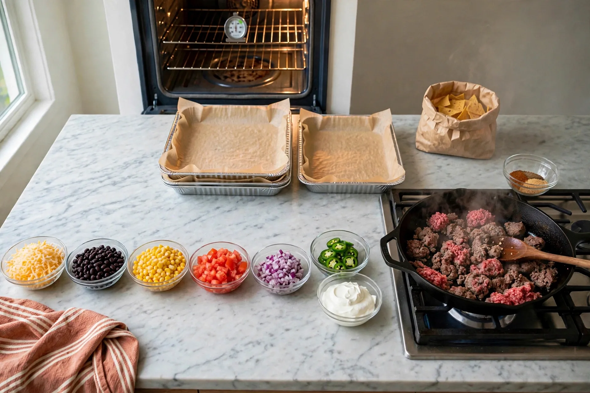 Ground beef being browned in a cast-iron skillet