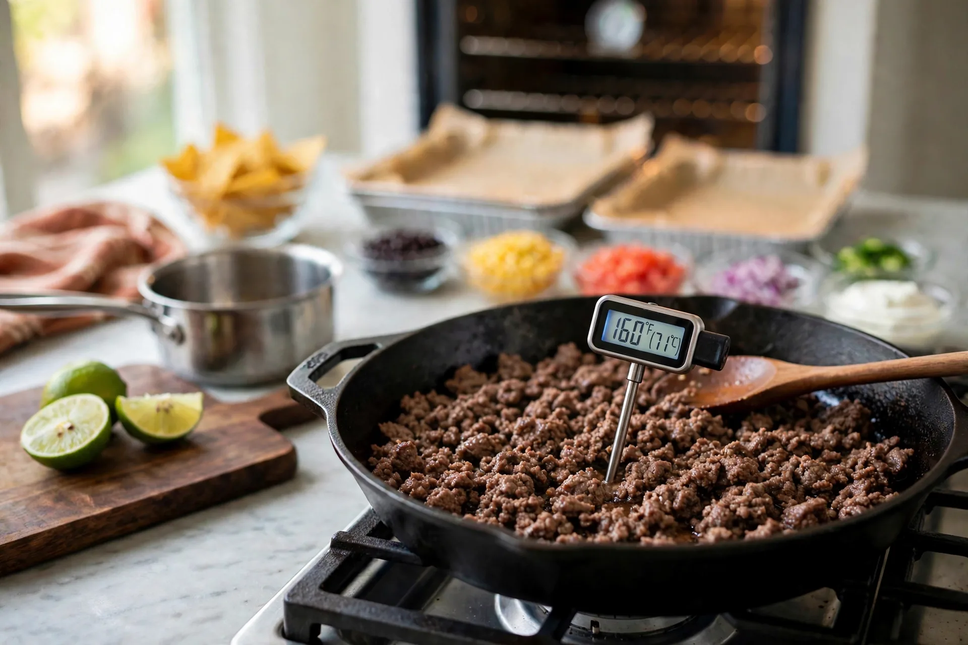 Thermometer in browned beef reading 160 degrees