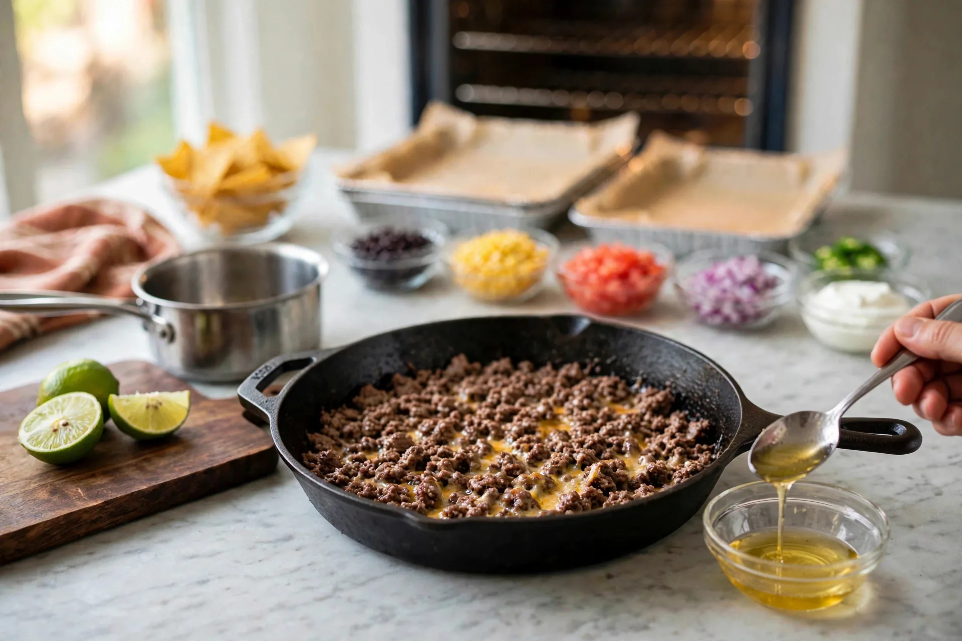 Excess fat being spooned from the skillet into a heatproof bowl