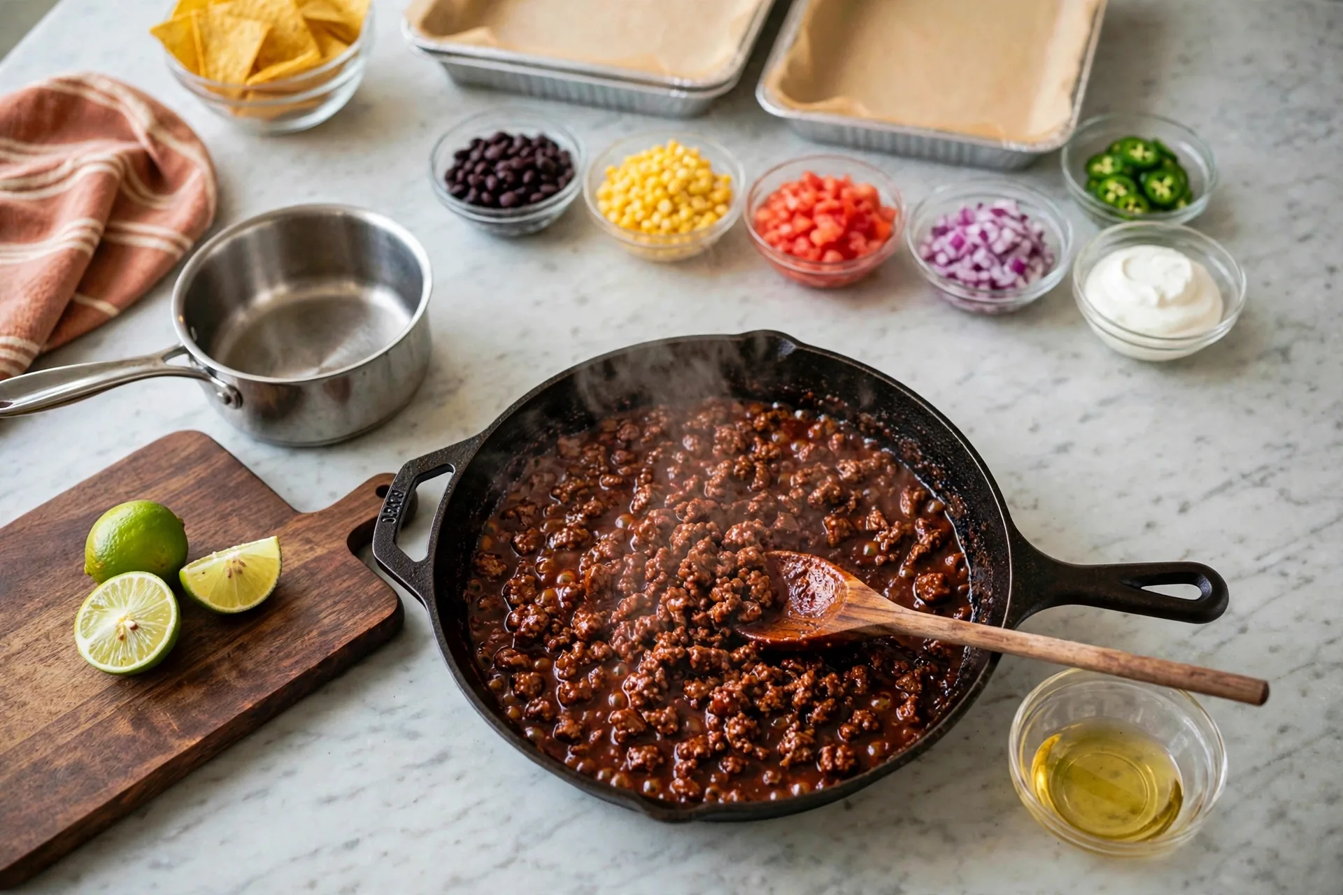 Seasoned beef simmering with spices and a splash of water