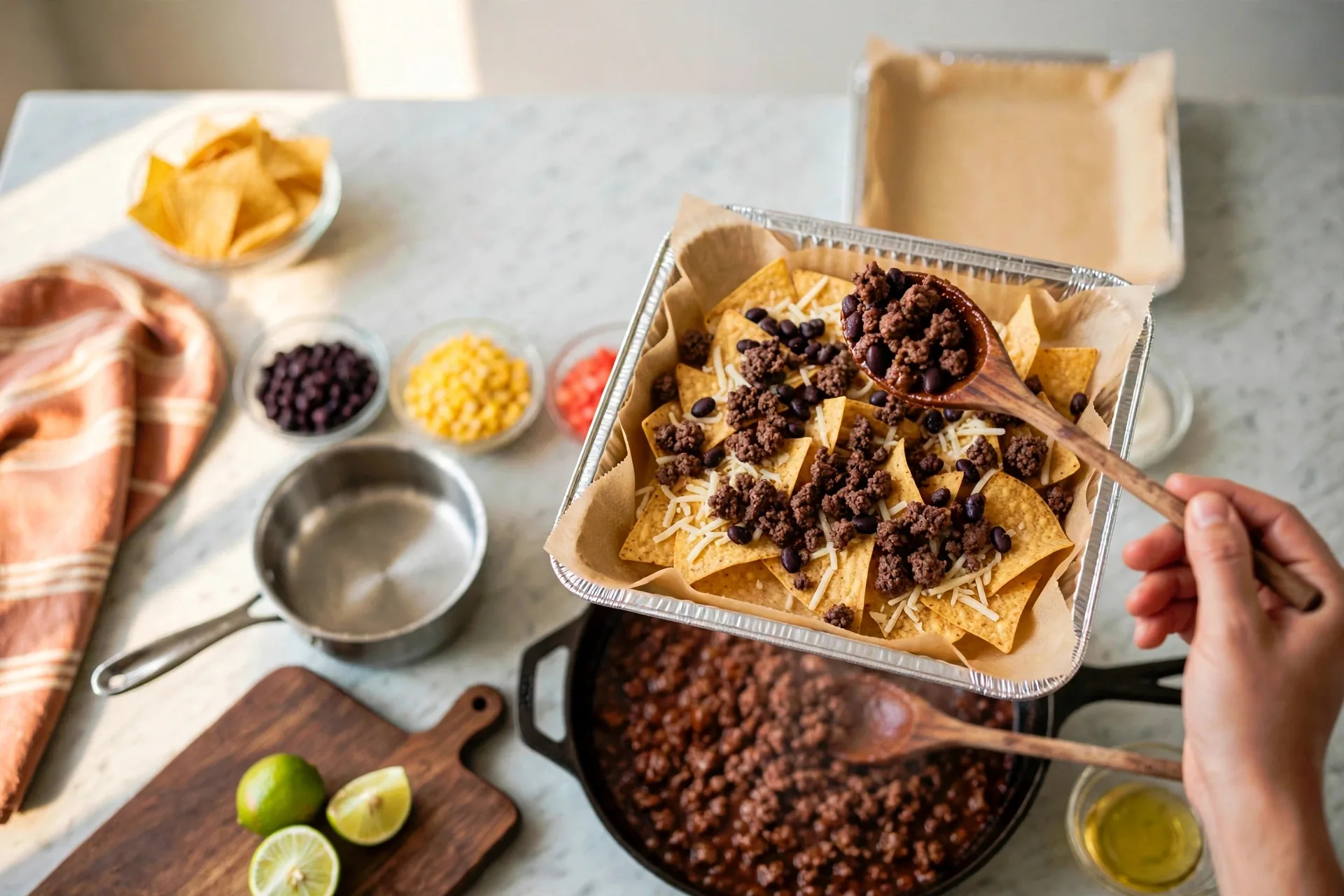 Seasoned beef and black beans scattered over cheese-topped chips