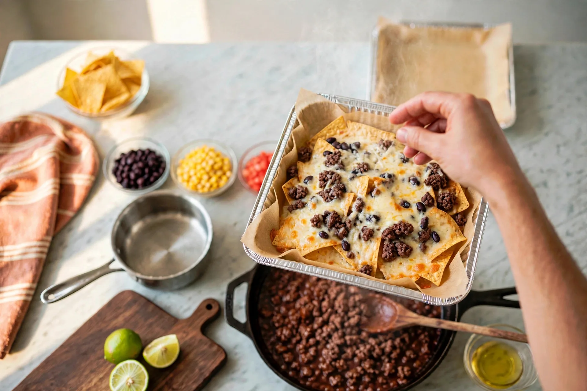 Beef nachos out of the oven with cheese melted and bubbling
