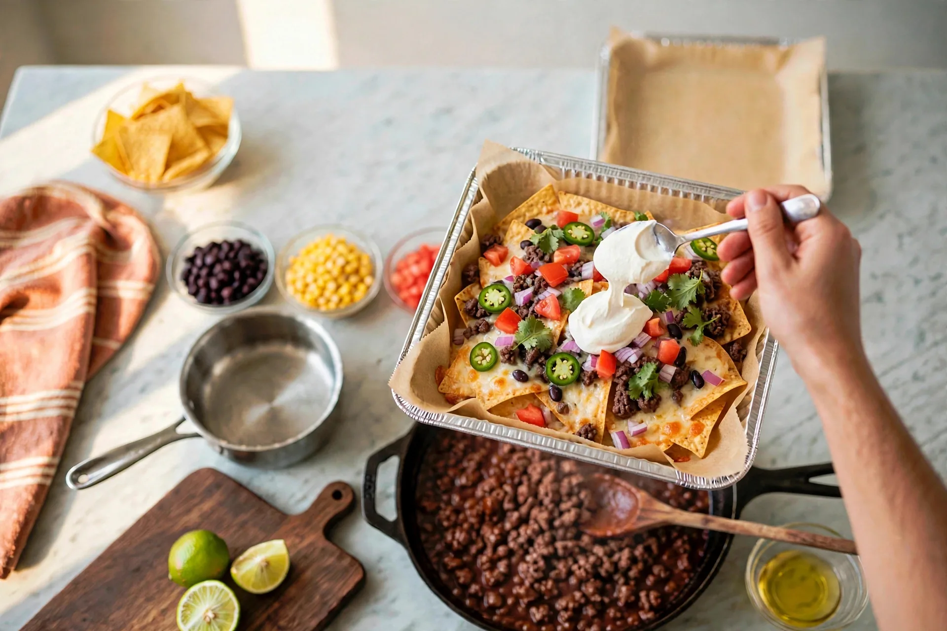 Tomato, onion, jalapeño, cilantro and sour cream over beef nachos