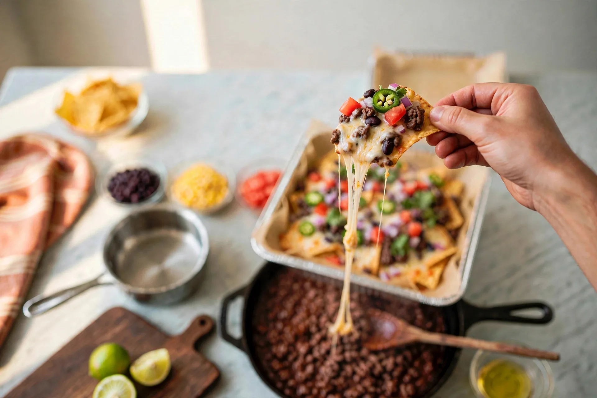 Chip piled with beef, cheese and toppings lifted with a cheese pull