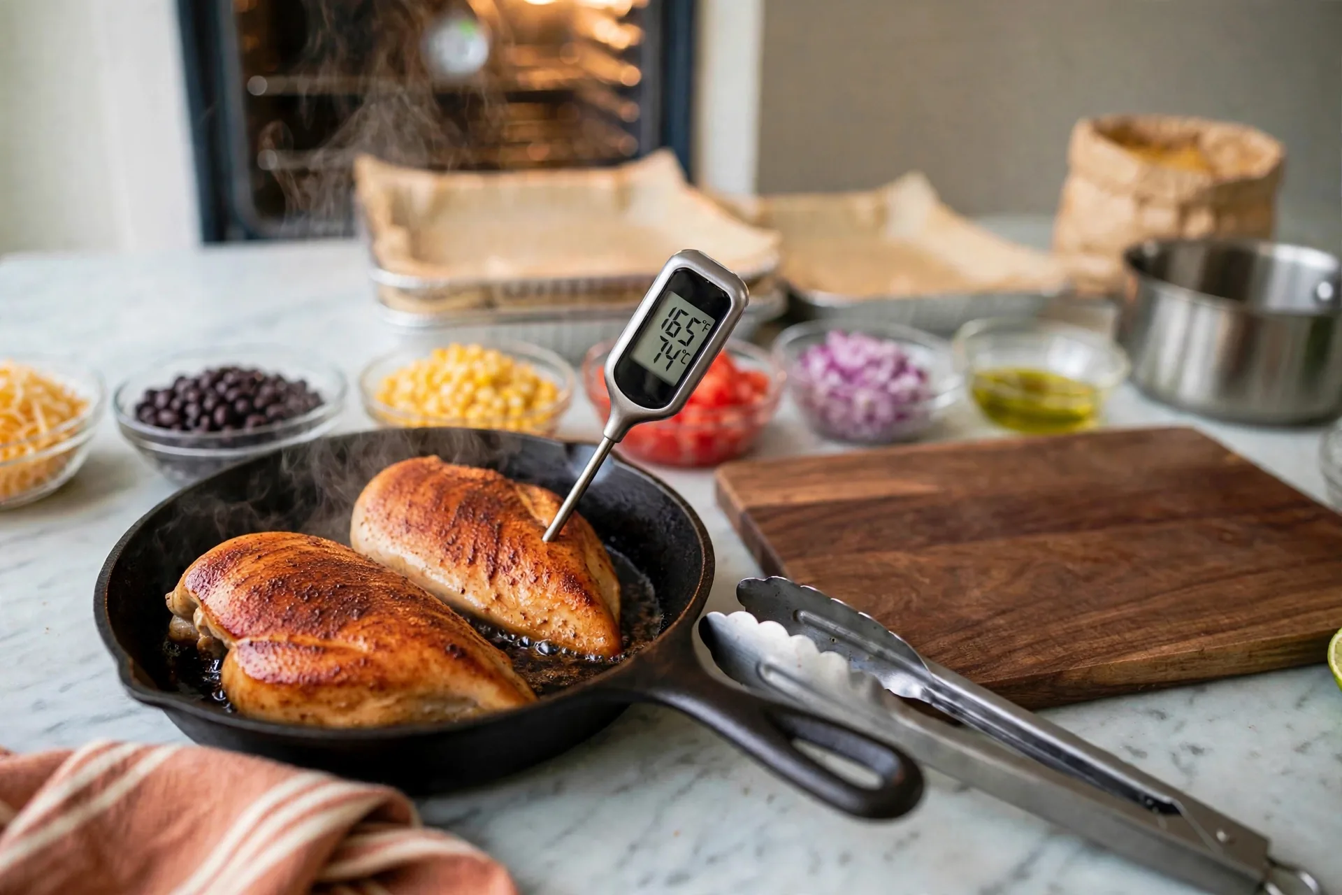 Thermometer in chicken breast reading 165 degrees