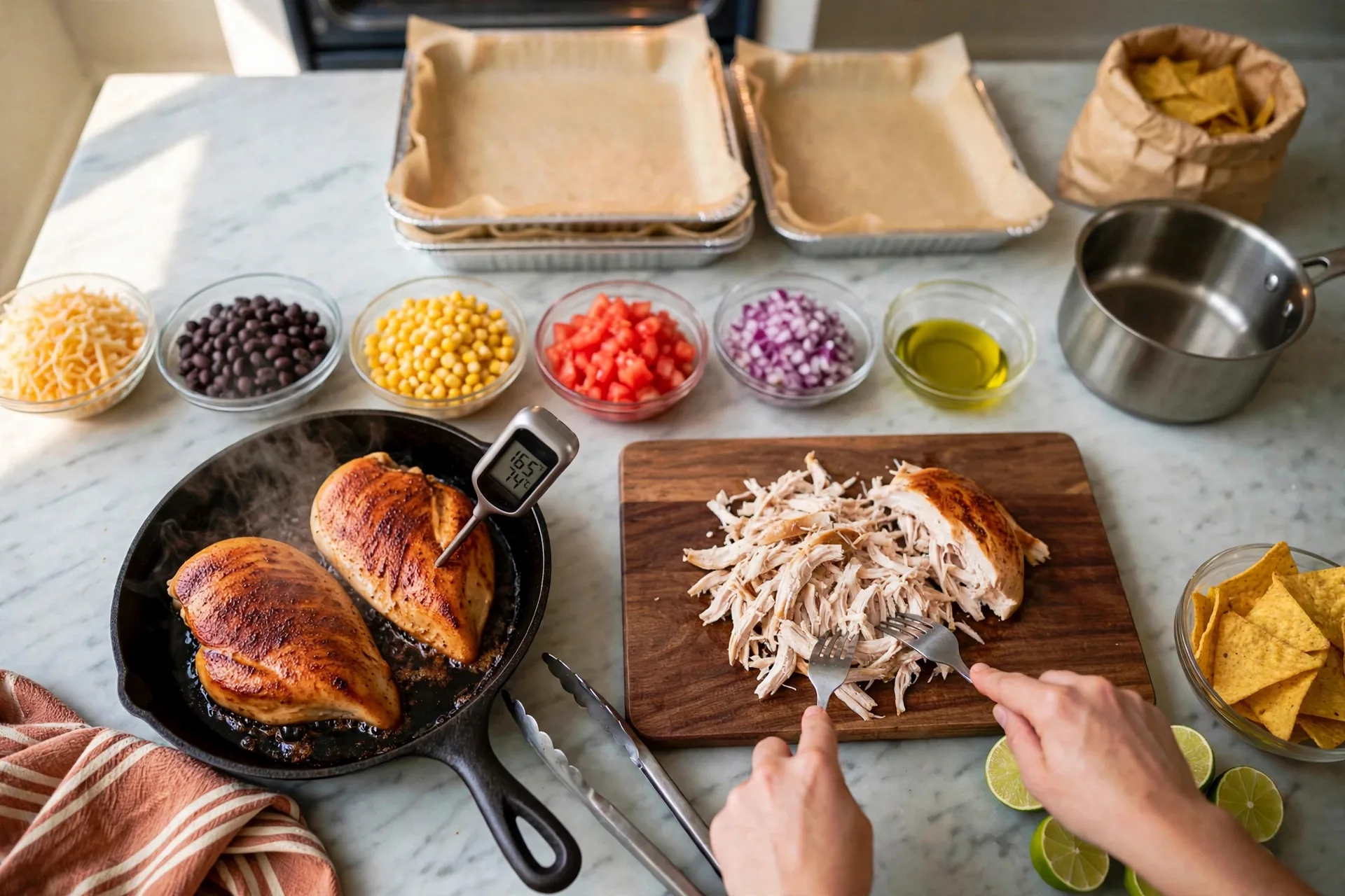 Two forks shredding cooked chicken on a wooden board